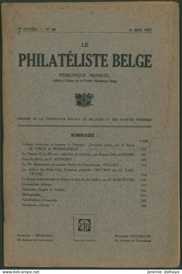 Belgique : Le Philatéliste Belge (Revue Mensuelle, N°68 1927). SOMMAIRE / Théodore Champion, Marchand De Timbres - Philatelie Und Postgeschichte