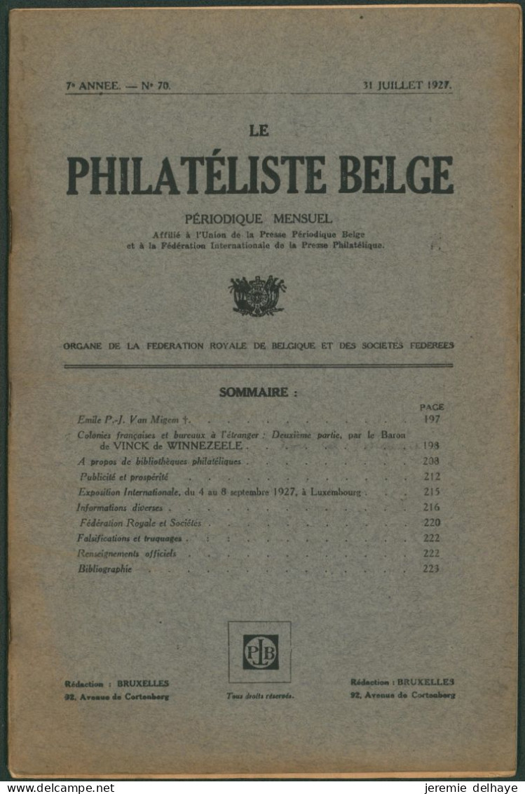 Belgique : Le Philatéliste Belge (Revue Mensuelle, N°70 1927). SOMMAIRE / Théodore Champion, Marchand De Timbres - Filatelia E Historia De Correos