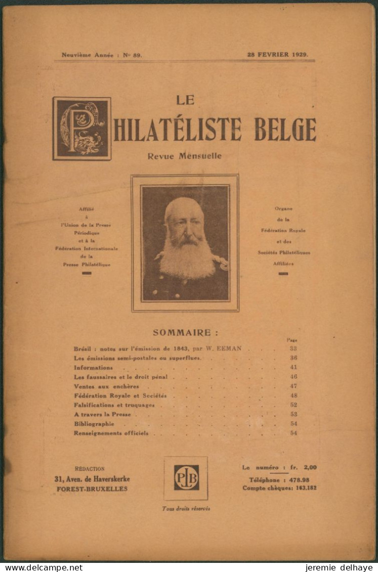 Belgique : Le Philatéliste Belge (Revue Mensuelle, N°89 1929). SOMMAIRE / Théodore Champion, Marchand De Timbres - Philatélie Et Histoire Postale