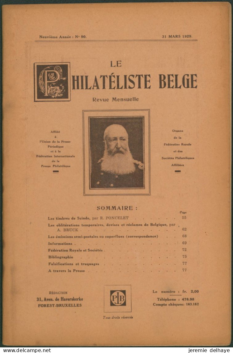 Belgique : Le Philatéliste Belge (Revue Mensuelle, N°90 1929). SOMMAIRE / Théodore Champion, Marchand De Timbres - Philatélie Et Histoire Postale