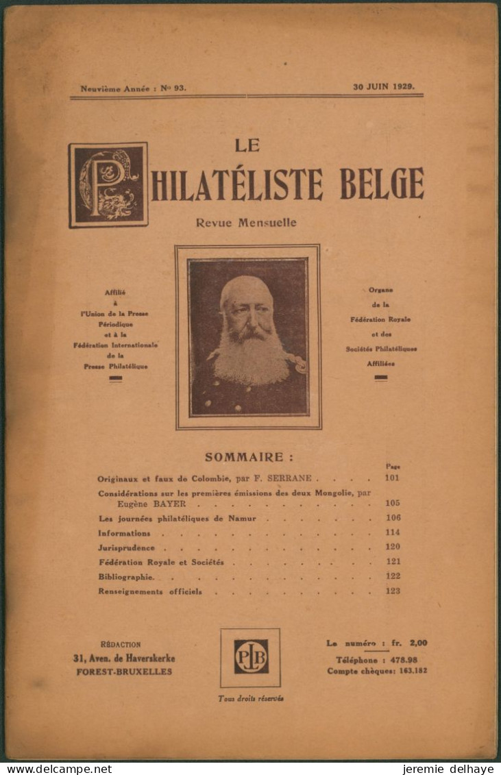 Belgique : Le Philatéliste Belge (Revue Mensuelle, N°93 1929). SOMMAIRE / Théodore Champion, Marchand De Timbres - Philatélie Et Histoire Postale