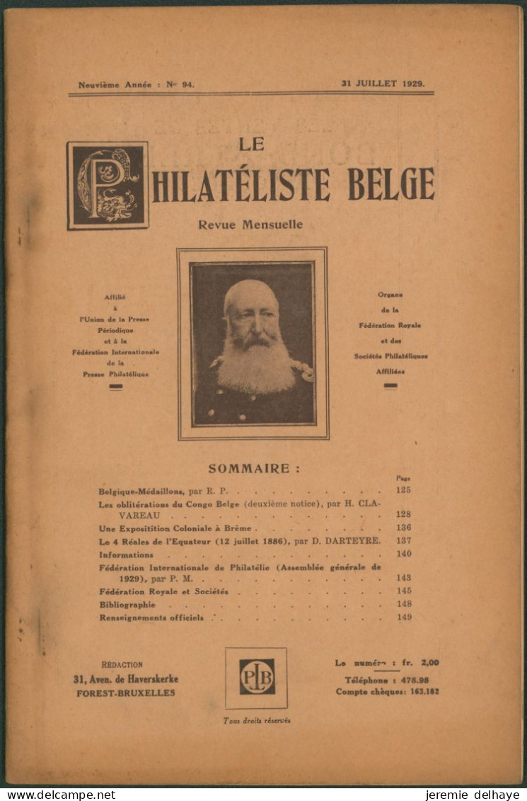 Belgique : Le Philatéliste Belge (Revue Mensuelle, N°94 1929). SOMMAIRE / Théodore Champion, Marchand De Timbres - Philatélie Et Histoire Postale