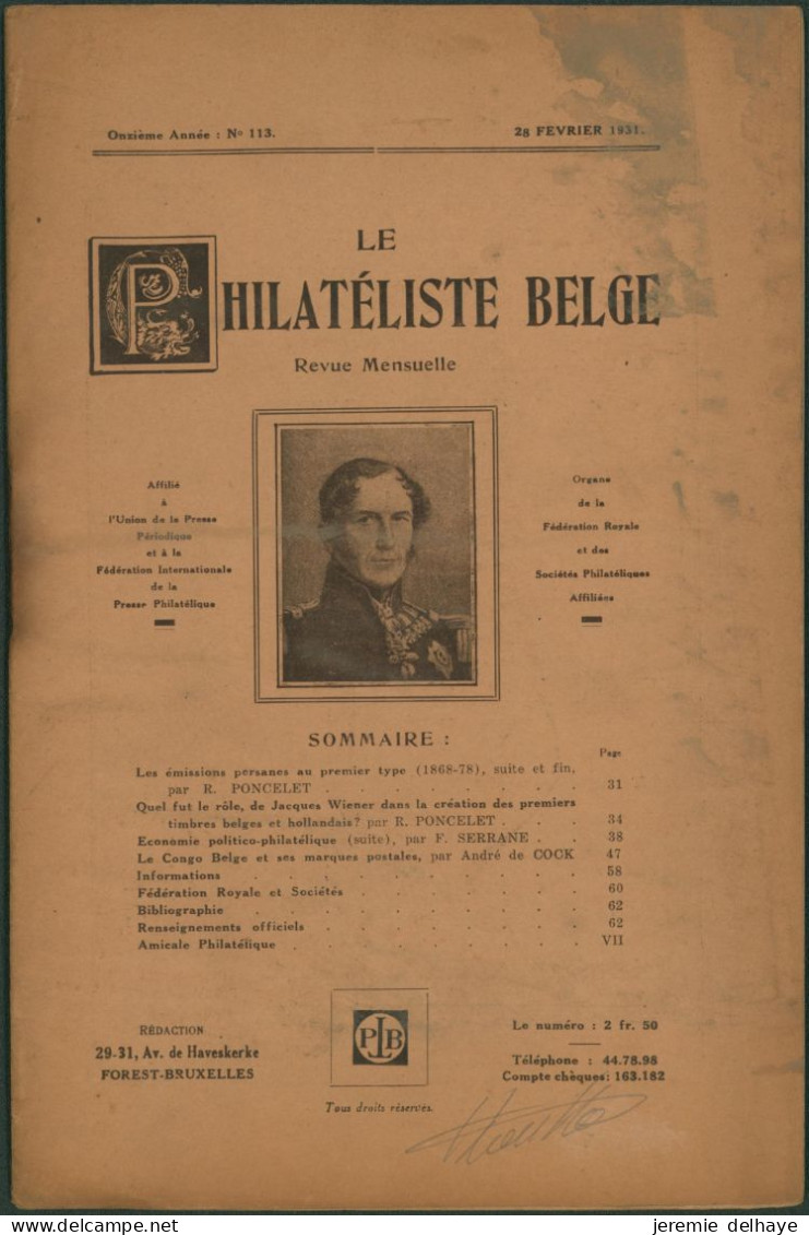 Belgique : Le Philatéliste Belge (Revue Mensuelle, N°113 1931). SOMMAIRE / Théodore Champion, Marchand De Timbres - Philatélie Et Histoire Postale