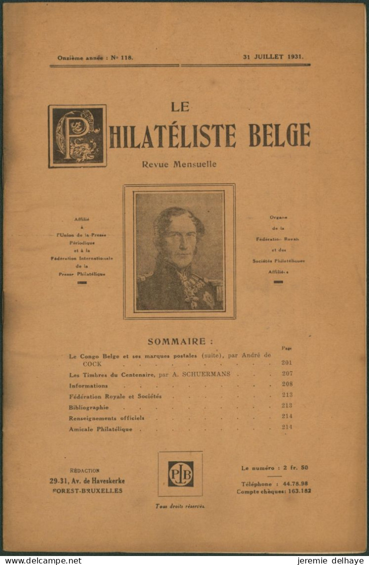 Belgique : Le Philatéliste Belge (Revue Mensuelle, N°118 1931). SOMMAIRE / Théodore Champion, Marchand De Timbres - Philately And Postal History