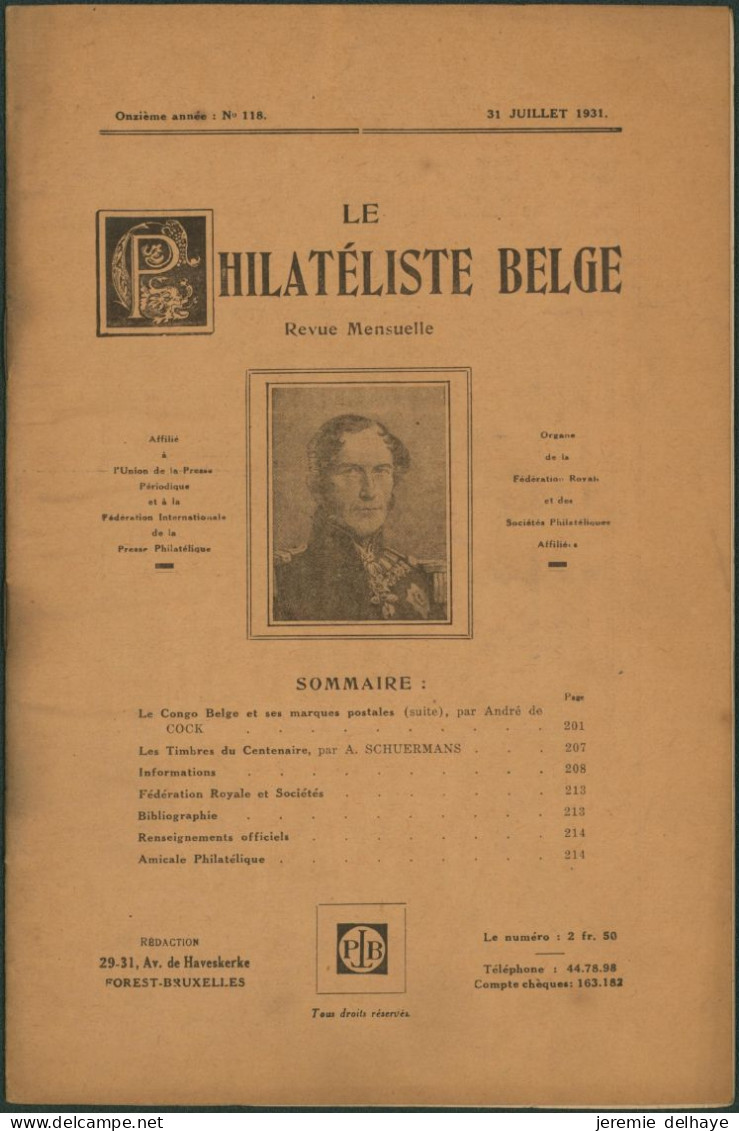Belgique : Le Philatéliste Belge (Revue Mensuelle, N°118 1931). SOMMAIRE / Théodore Champion, Marchand De Timbres - Philatélie Et Histoire Postale