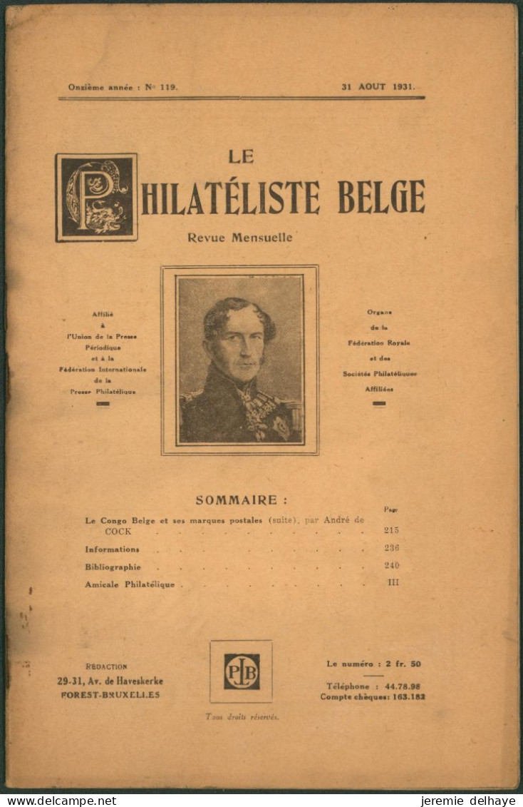 Belgique : Le Philatéliste Belge (Revue Mensuelle, N°119 1931). SOMMAIRE / Théodore Champion, Marchand De Timbres - Philatelie Und Postgeschichte