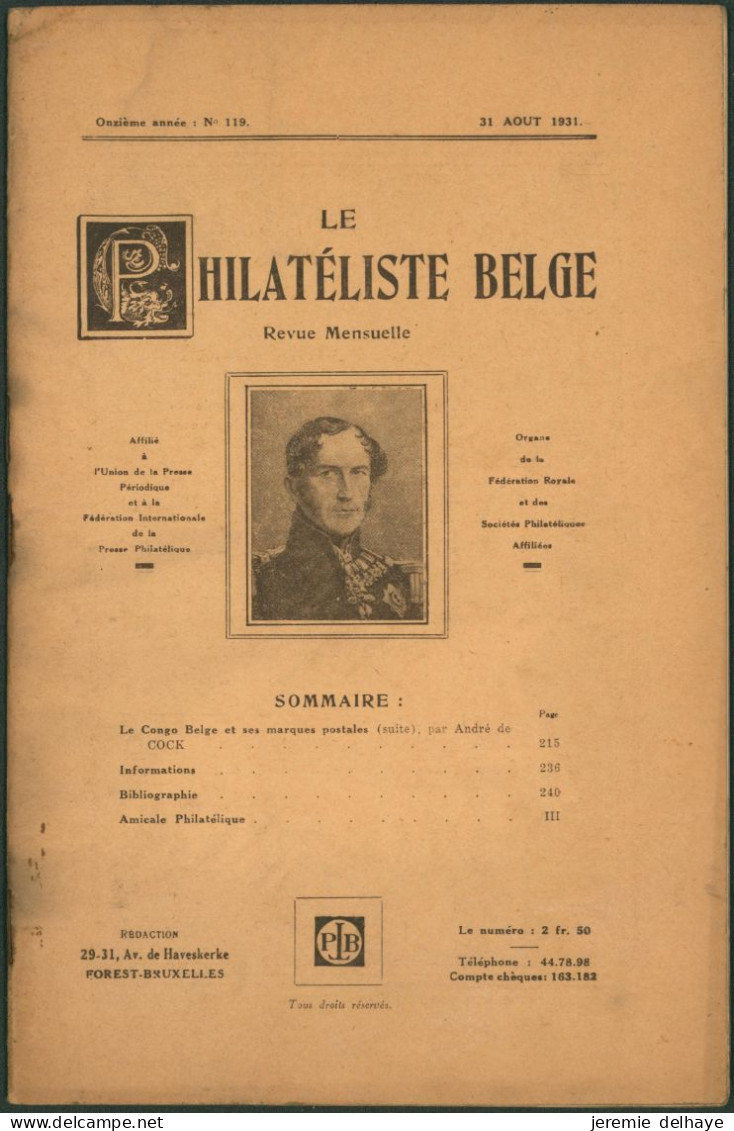 Belgique : Le Philatéliste Belge (Revue Mensuelle, N°119 1931). SOMMAIRE / Théodore Champion, Marchand De Timbres - Philatélie Et Histoire Postale