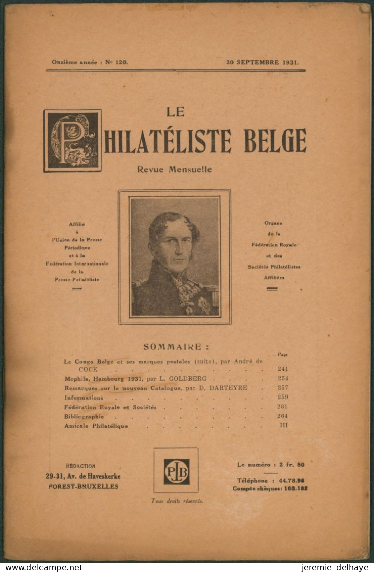 Belgique : Le Philatéliste Belge (Revue Mensuelle, N°120 1931). SOMMAIRE / Théodore Champion, Marchand De Timbres - Philatélie Et Histoire Postale