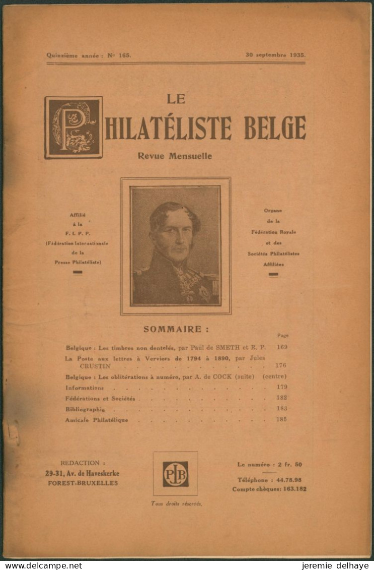 Belgique : Le Philatéliste Belge (Revue Mensuelle, N°165 1935). SOMMAIRE / Théodore Champion, Marchand De Timbres - Philately And Postal History