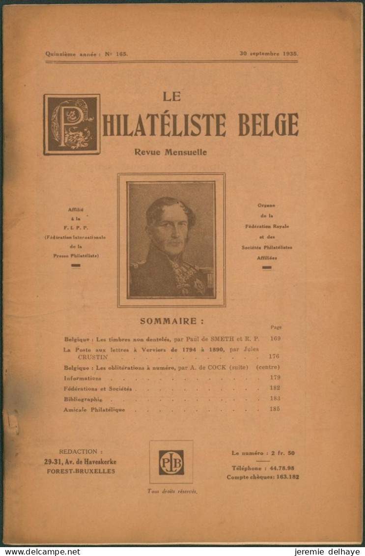 Belgique : Le Philatéliste Belge (Revue Mensuelle, N°165 1935). SOMMAIRE / Théodore Champion, Marchand De Timbres - Philatélie Et Histoire Postale