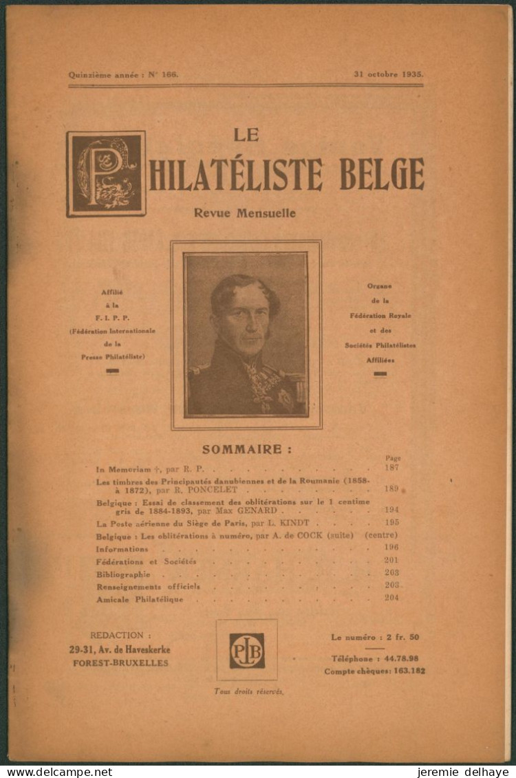 Belgique : Le Philatéliste Belge (Revue Mensuelle, N°166 1935). SOMMAIRE / Théodore Champion, Marchand De Timbres - Philately And Postal History