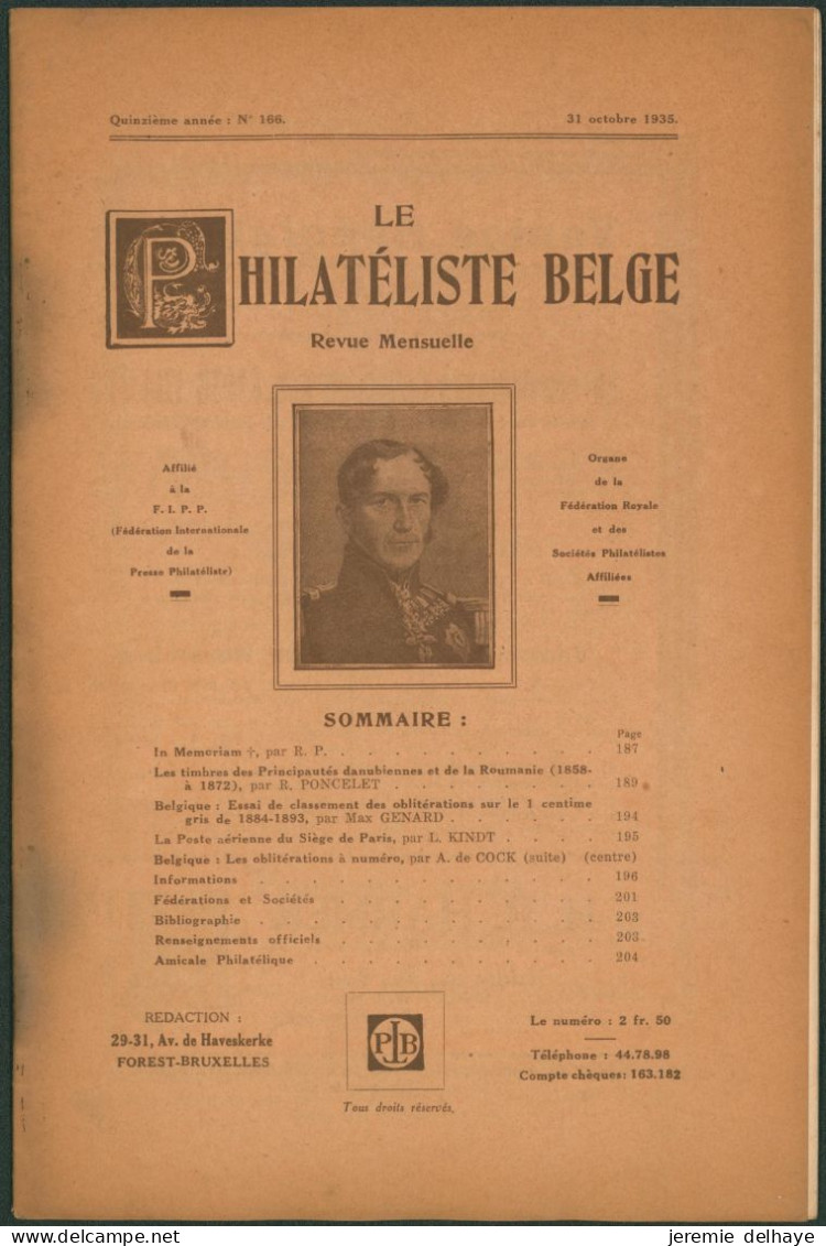 Belgique : Le Philatéliste Belge (Revue Mensuelle, N°166 1935). SOMMAIRE / Théodore Champion, Marchand De Timbres - Philatélie Et Histoire Postale