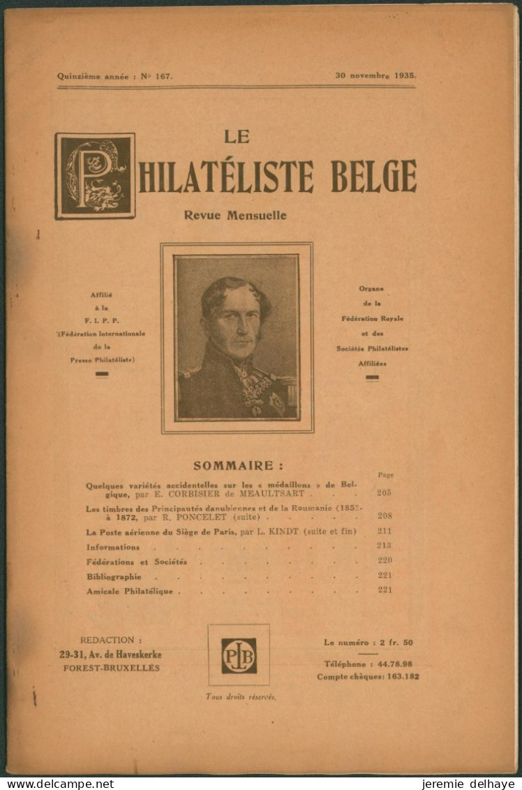 Belgique : Le Philatéliste Belge (Revue Mensuelle, N°167 1935). SOMMAIRE / Théodore Champion, Marchand De Timbres - Philatélie Et Histoire Postale