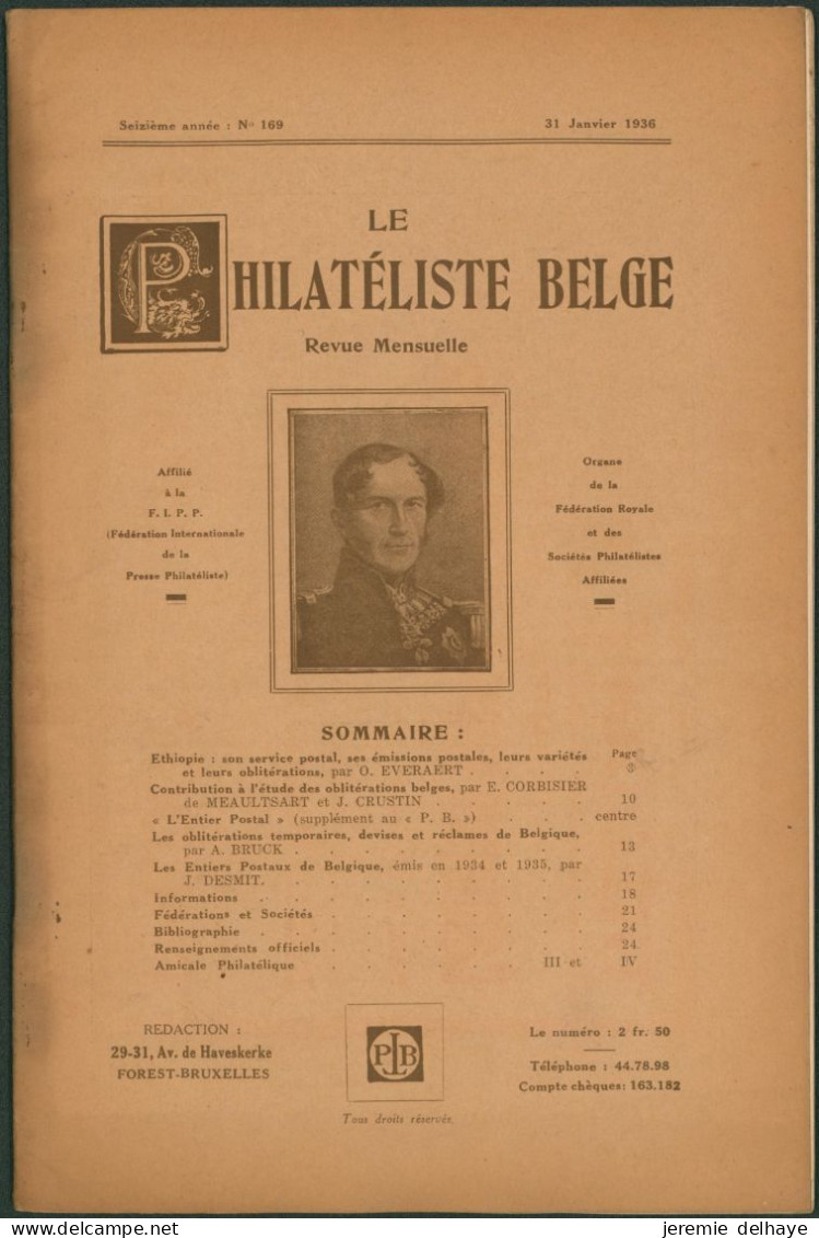 Belgique : Le Philatéliste Belge (Revue Mensuelle, N°169 1936). SOMMAIRE / Théodore Champion, Marchand De Timbres - Philately And Postal History