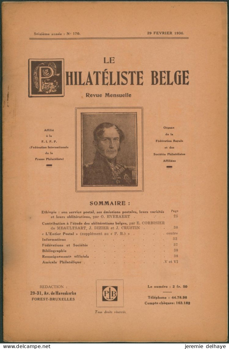 Belgique : Le Philatéliste Belge (Revue Mensuelle, N°170 1936). SOMMAIRE / Théodore Champion, Marchand De Timbres - Philatélie Et Histoire Postale