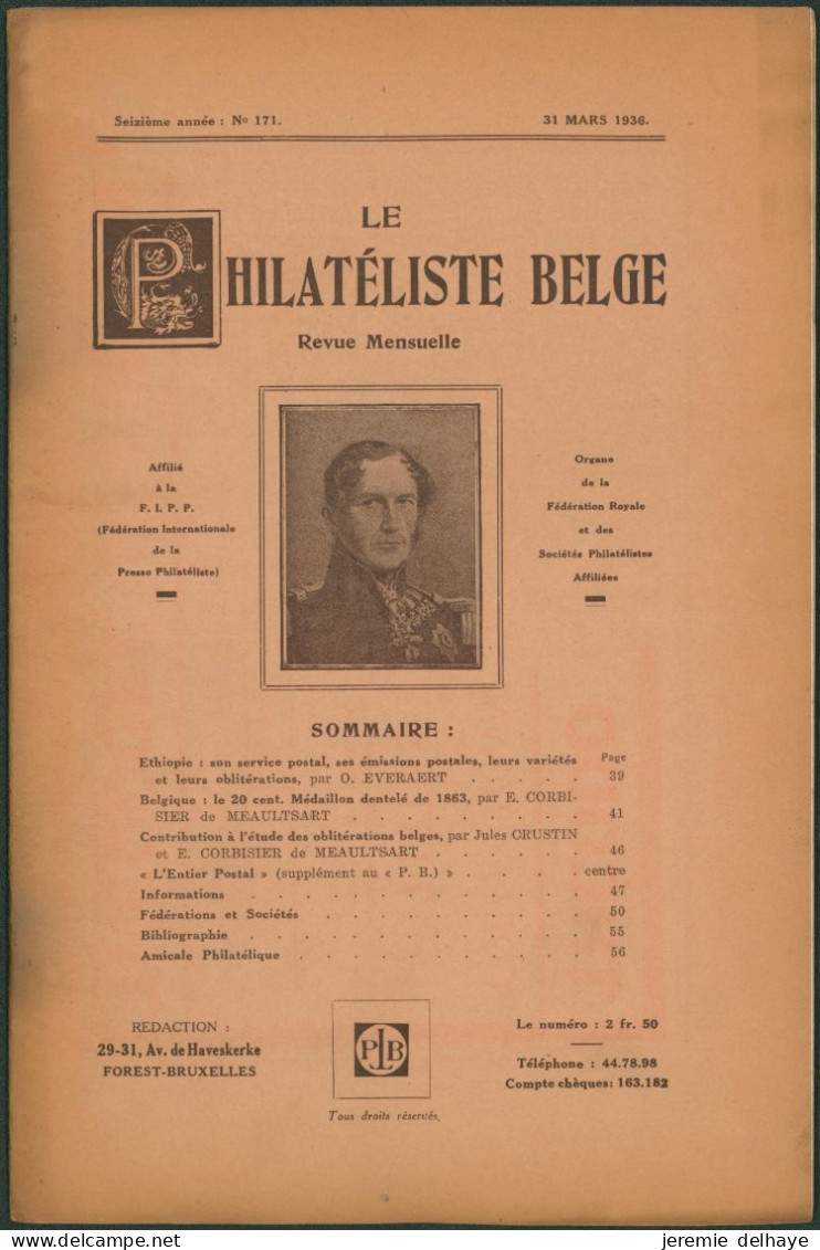 Belgique : Le Philatéliste Belge (Revue Mensuelle, N°171 1936). SOMMAIRE / Théodore Champion, Marchand De Timbres - Philately And Postal History