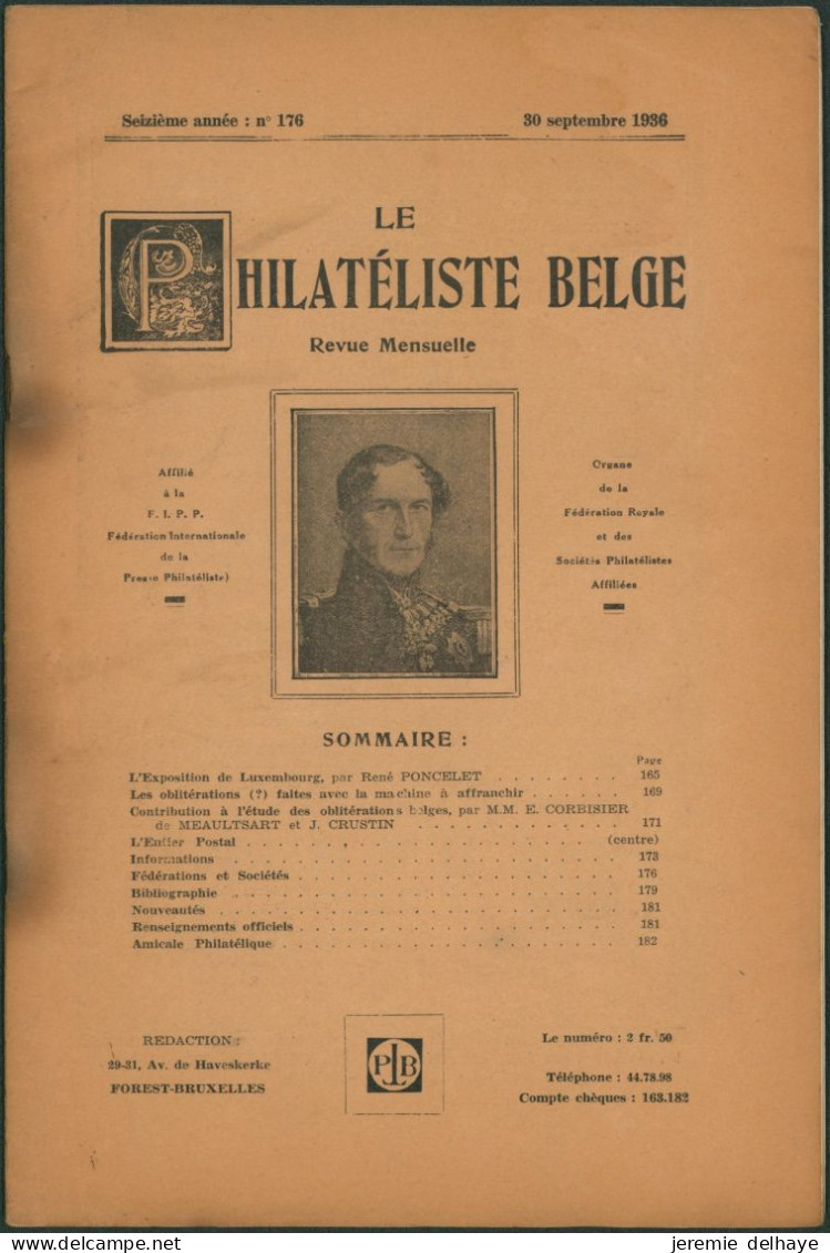 Belgique : Le Philatéliste Belge (Revue Mensuelle, N°176 1936). SOMMAIRE / Théodore Champion, Marchand De Timbres - Philatélie Et Histoire Postale