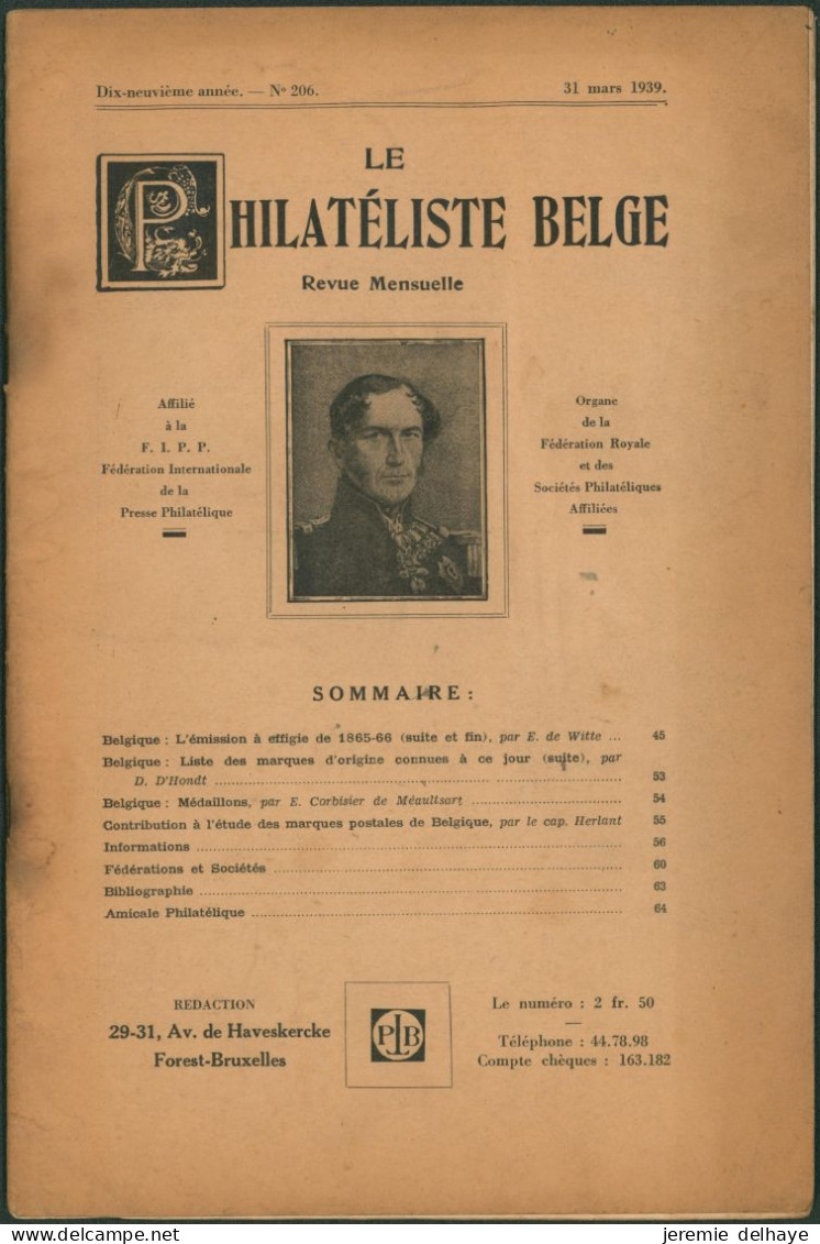 Belgique : Le Philatéliste Belge (Revue Mensuelle, N°206 1939). SOMMAIRE / Théodore Champion, Marchand De Timbres - Philately And Postal History