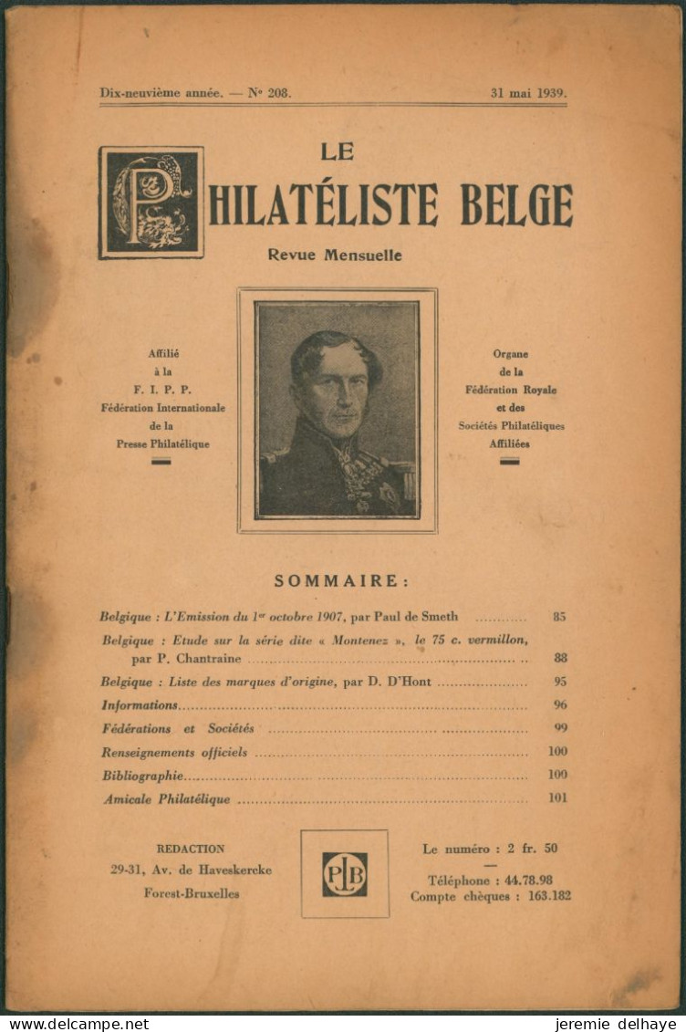 Belgique : Le Philatéliste Belge (Revue Mensuelle, N°208 1939). SOMMAIRE / Théodore Champion, Marchand De Timbres - Philatélie Et Histoire Postale