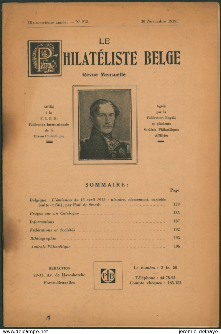 Belgique : Le Philatéliste Belge (Revue Mensuelle, N°213 1939). SOMMAIRE / Théodore Champion, Marchand De Timbres - Philately And Postal History