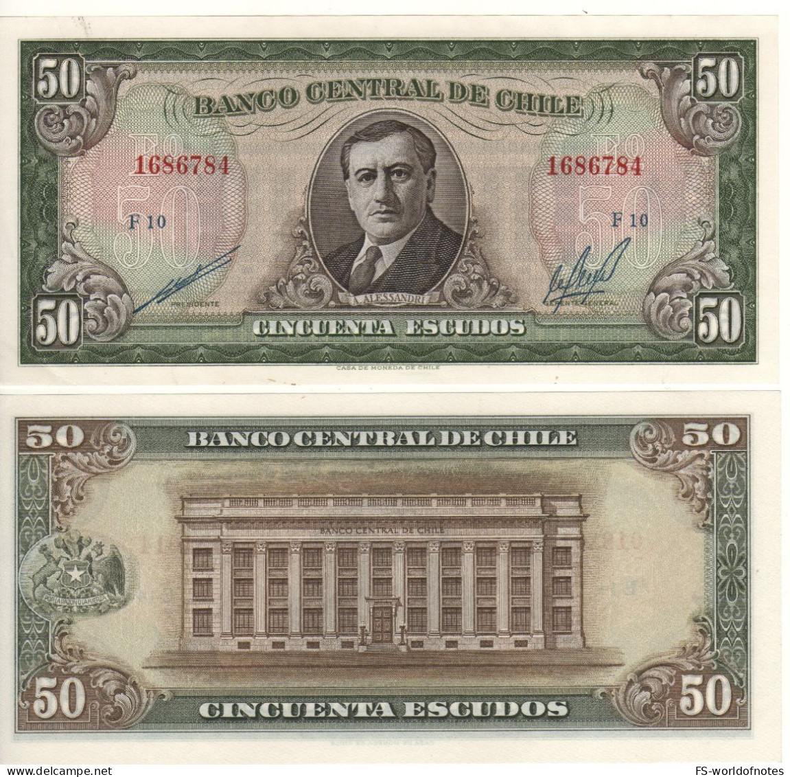 CHILE   50  Escudos ,    P140b   ND   1960-64  Arturo Alessandri  + Banco Central De Chile At Back    UNC - Chili