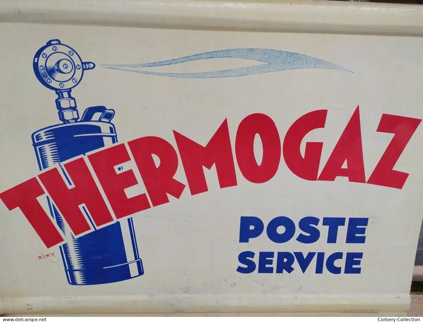Ancienne Enseigne Plaque Tôle Publicitaire Thermogaz Poste Service.  Illustration Riky. - Hydrocarbures