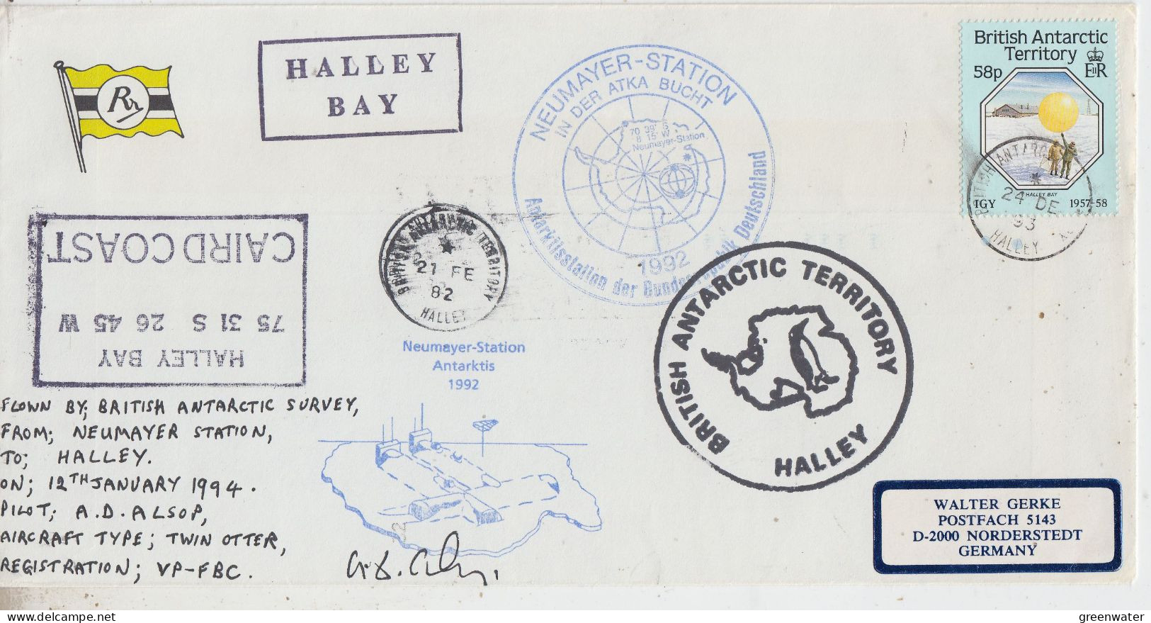 British Antarctic Territory (BAT) Flight Twin Otter From Neumayer To Halley Signature 12 JAN 1994 (TO166) - Vols Polaires