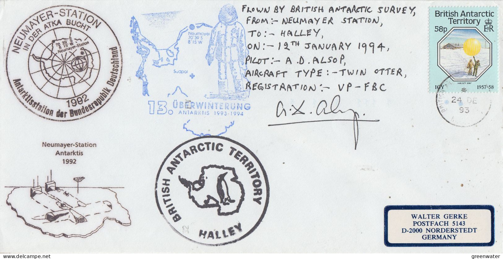 British Antarctic Territory (BAT) Flight Twin Otter From Neumayer To Halley Signature 12 JAN 1994 (TO166A) - Voli Polari