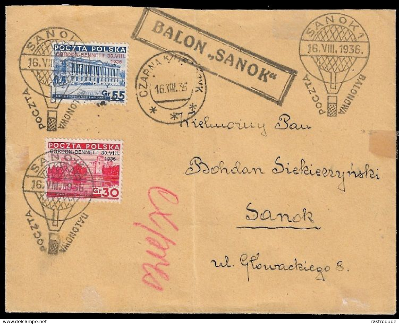 1936 POLAND EXPRESS COVER BALLON MAIL BALON SANOK 16.8.36 30GR,55GR Mi.-Nr. 313/4 - Palloni