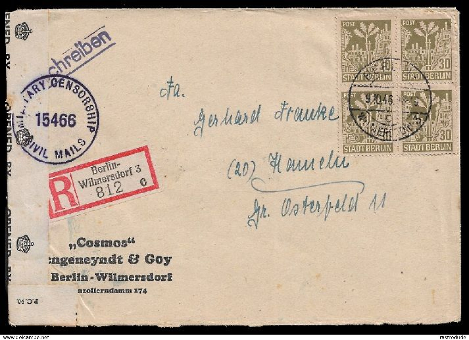 1946 BERLIN U. BRANDENBURG ZENSUR R-BRIEF 30Pfg VIERERBLOCK Mi.-Nr. 7 A BERLIN WILMERSDORF N. OSTERFELDE - Berlín & Brandenburgo