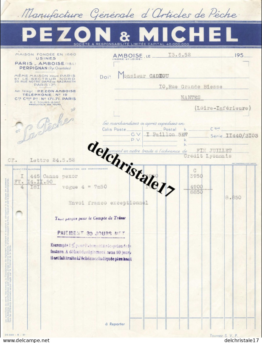 37 0017 AMBOISE INDRE-ET-LOIRE 1952 Articles De Pêche S.A.R.L PEZON & MICHEL Canne PEXOR à M. CADIOU à NANTES - Sports & Tourism