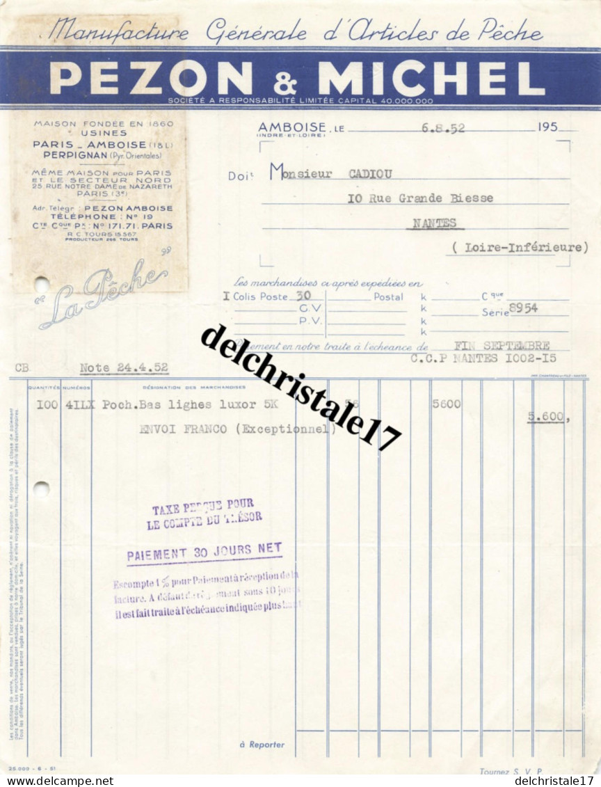 37 0015 AMBOISE INDRE-ET-LOIRE 1952 - Manufacture Articles De Pêche S.A.R.L PEZON & MICHEL Émérillons à M. CADIOU - Sport En Toerisme