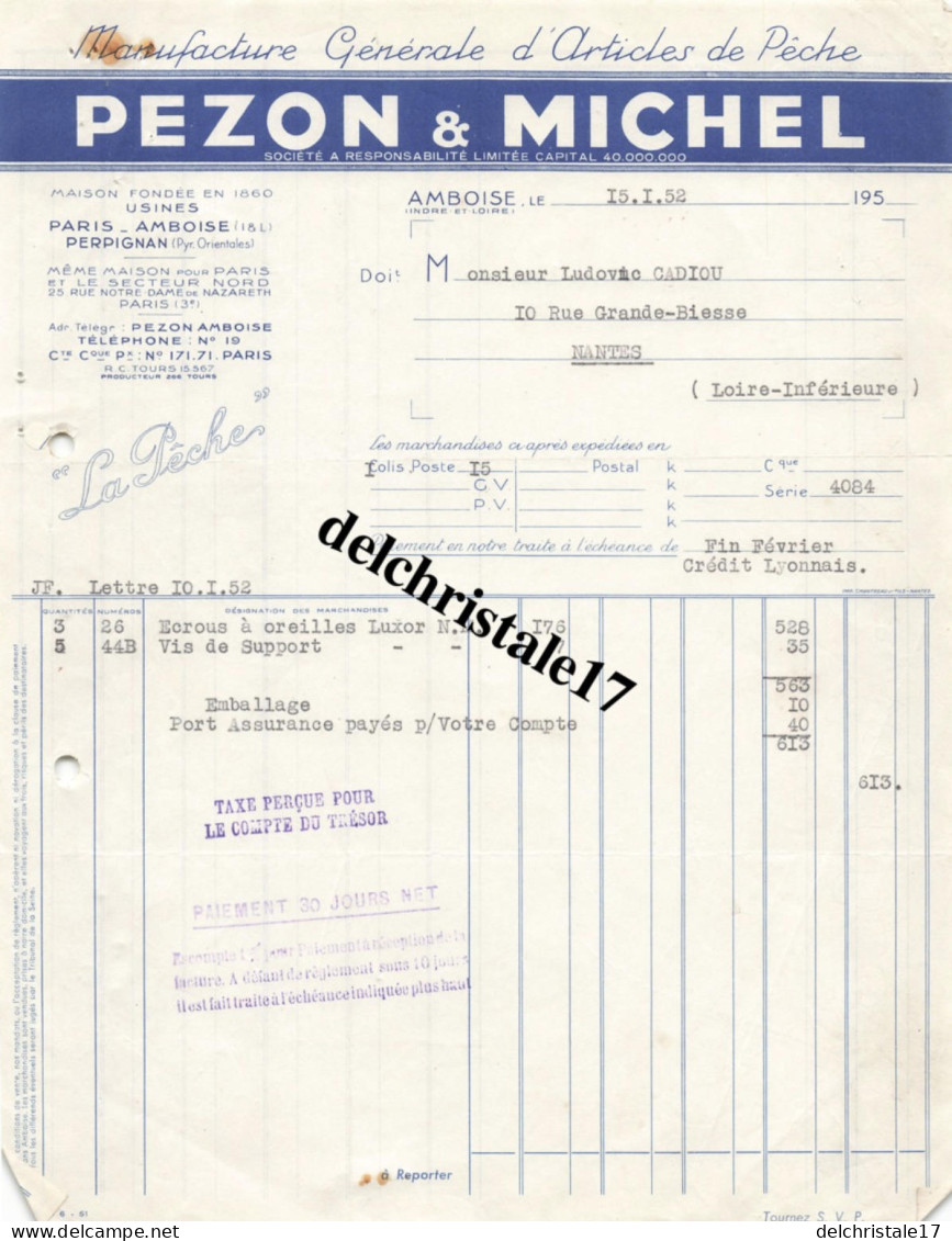 37 0008 AMBOISE INDRE-ET-LOIRE 1952 - Manufacture Articles De Pêche Éts PEZON & MICHEL Accessoires LUXOR à M. CADIOU - Sports & Tourism