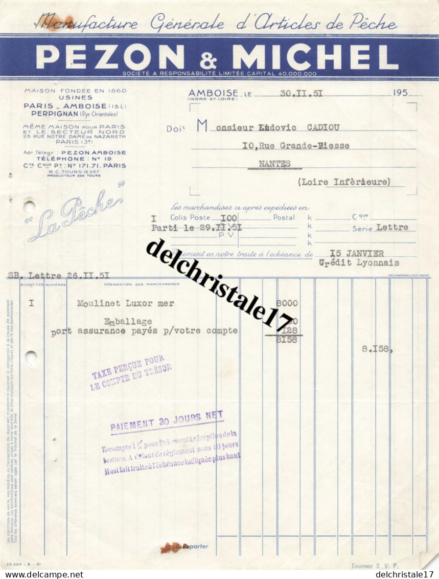 37 0002 AMBOISE INDRE-ET-LOIRE 1951 - Manufacture Articles De Pêche Éts PEZON & MICHEL Usines PARIS PERPIGNAN à CADIOU - Sport En Toerisme