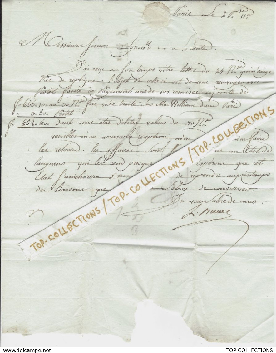 1803 LETTRE FINANCE BANQUE  Paris Pour Simon Lynch Consul  Etats Unis Amérique à Nantes RARE V.HISTORIQUE - 1800 – 1899