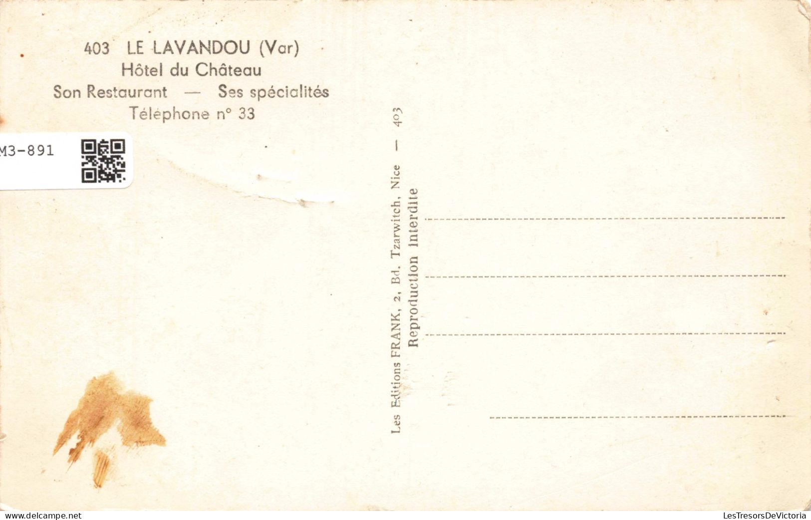 FRANCE - Le Lavandou - Hôtel Du Château - Son Restaurant - Ses Spécialités -  Carte Postale Ancienne - Le Lavandou