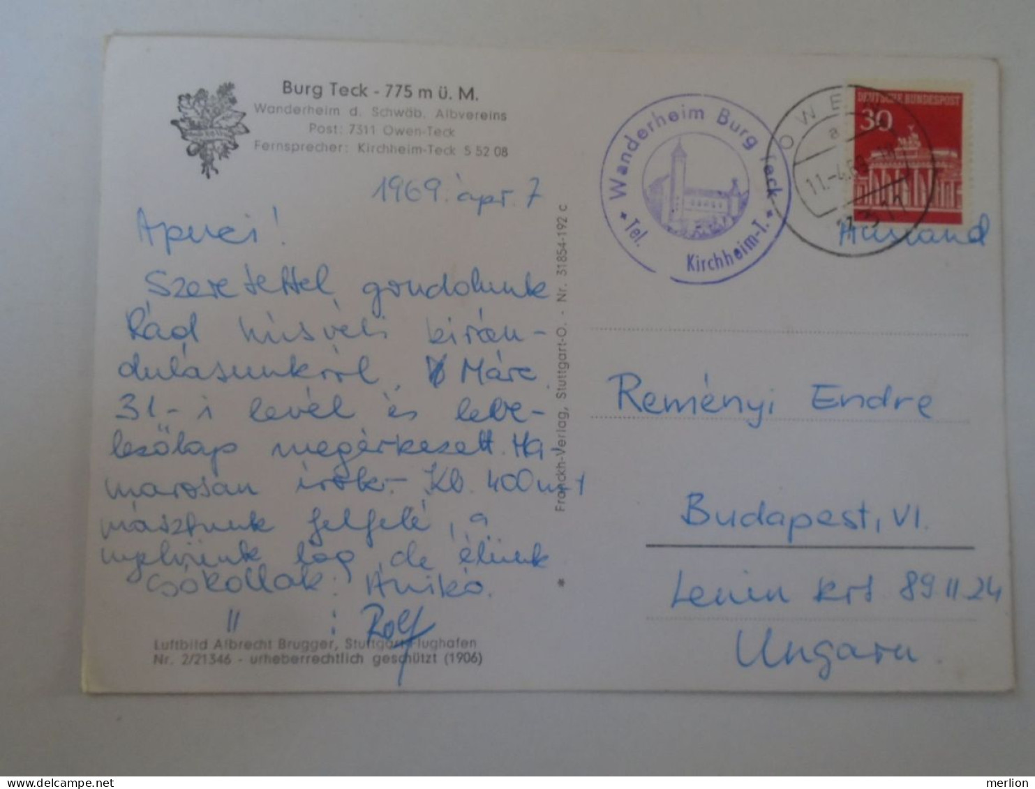 D197733    AK Germany   Kirchheim, Burg Teck   1969   Sonderstempel    Gel Nach Ungarn Reményi - Kirchheim