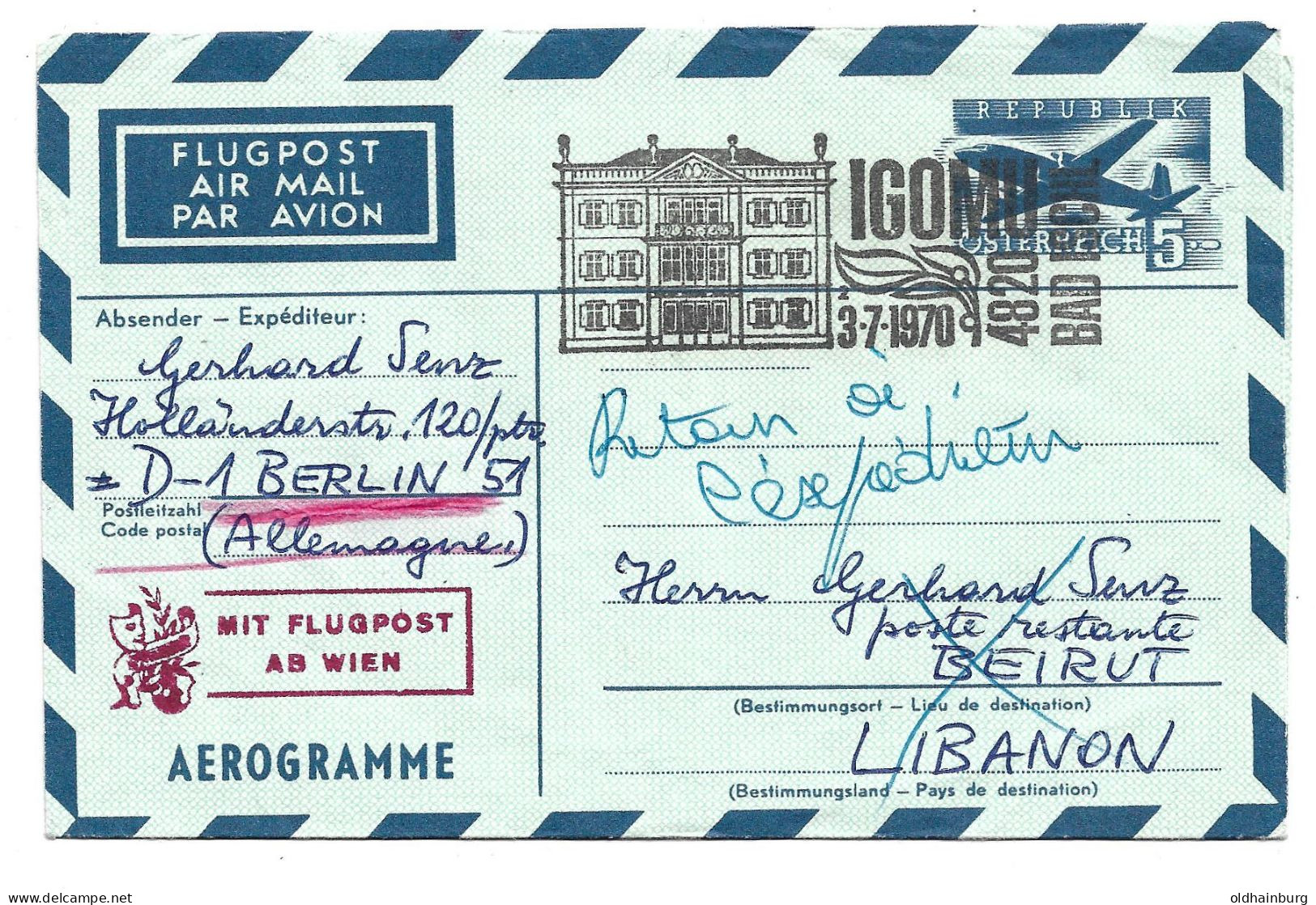 0415h: Aerogramm ANK 13c (30.- €) Wien- Beirut 3.7.1970 Werbestempel Bad Ischl - Omslagen