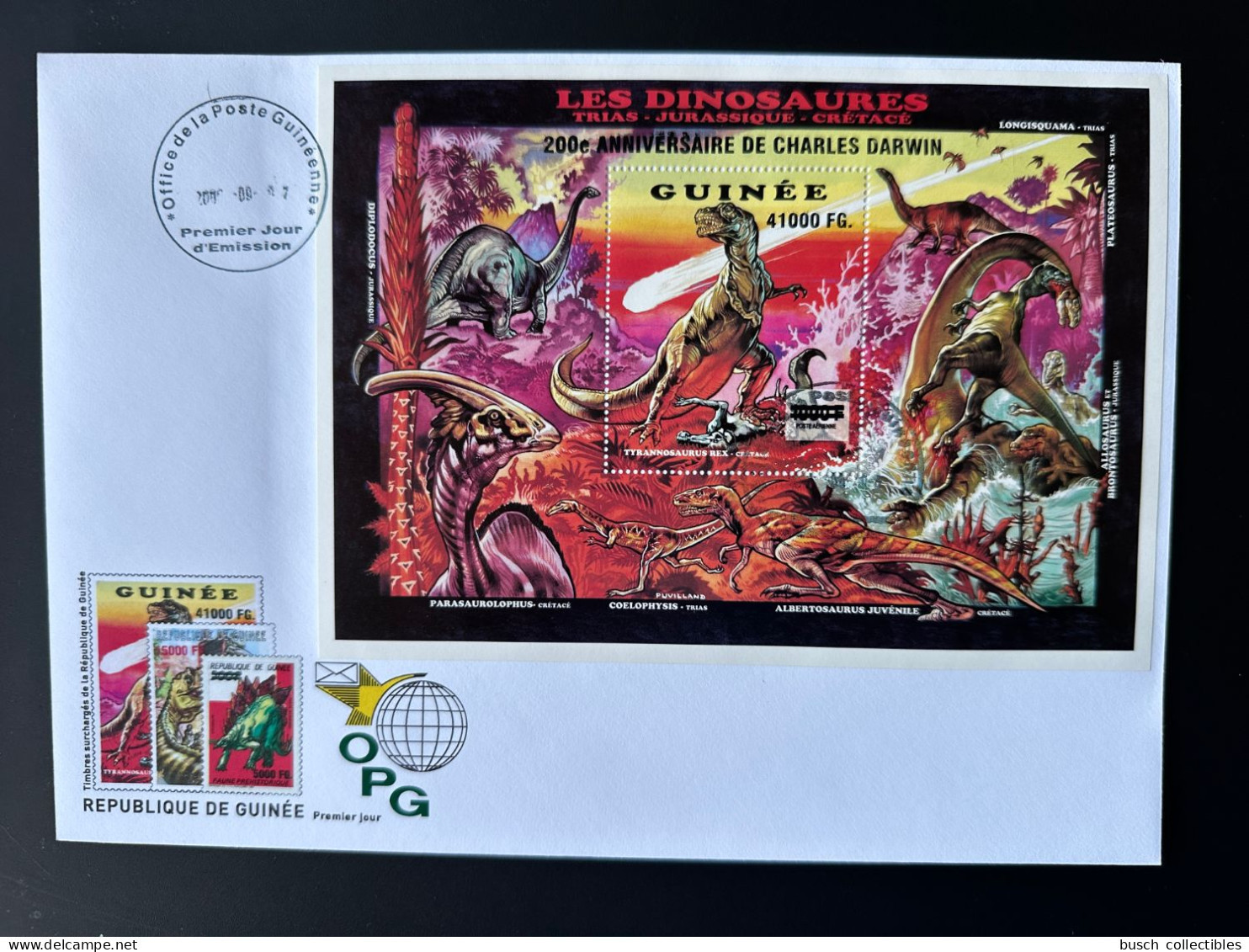 Guinée Guinea 2009 Mi. Bl. 1740 FDC Surchargé Overprint Dinosaures Dinosaurier Dinosaurs Anniversaire Charles Darwin - Prehistorisch