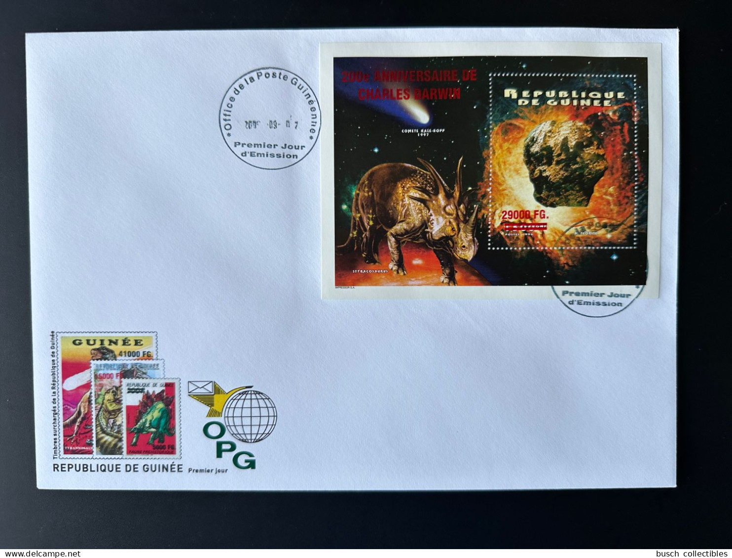 Guinée Guinea 2009 Mi. Bl. 1739 FDC Surchargé Overprint Dinosaures Dinosaurier Dinosaurs Anniversaire De Charles Darwin - República De Guinea (1958-...)