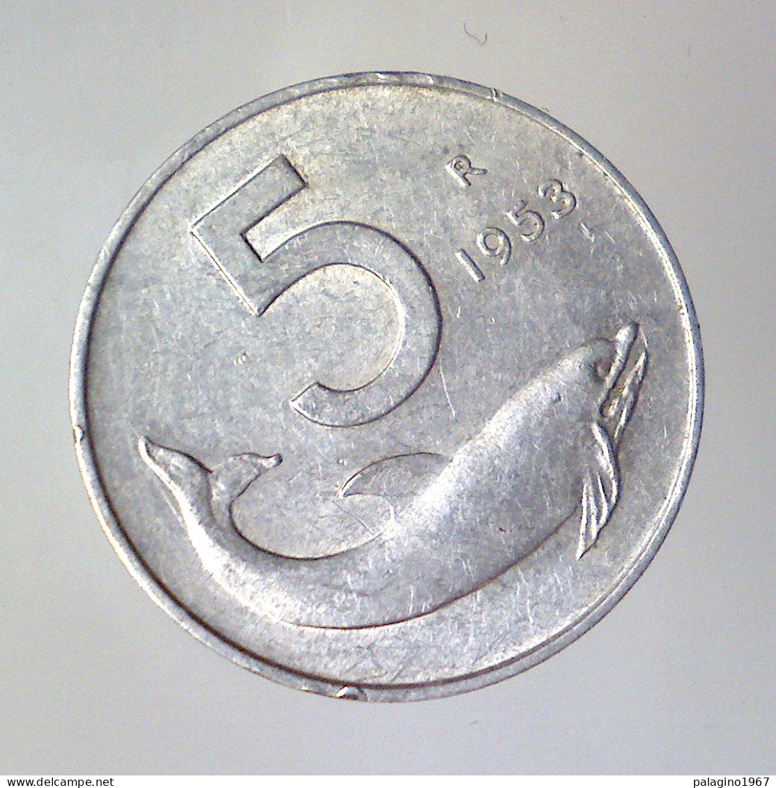 REPUBBLICA ITALIANA 5 Lire Delfino 1953 Asse Spostato BB  - 5 Lire