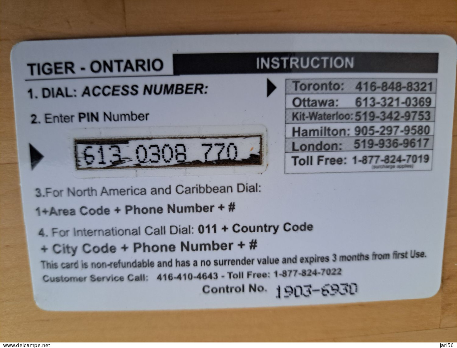 CANADA PREPAID / TIGER PHONECARD/ ONTARIO/  $10,-/  TIGER/TIGRE   / VERY  FINE USED  **15050** - Kanada