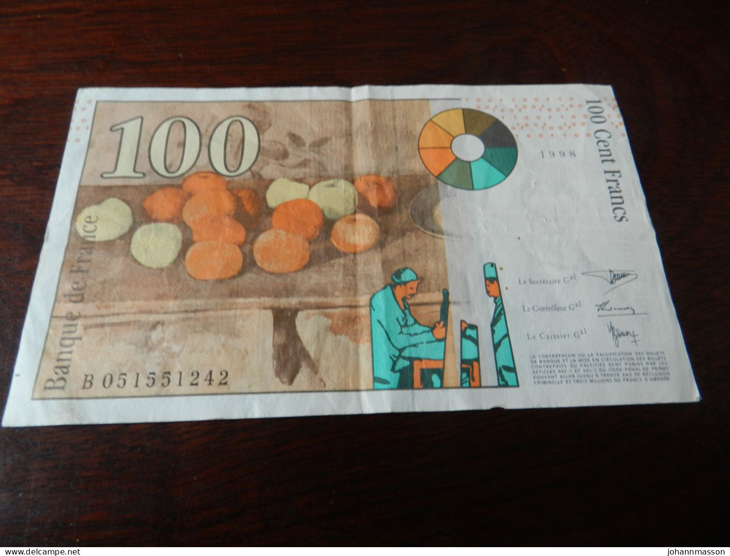 Billets   100 Francs   1998  Numéros  B051551242 - 100 F 1997-1998 ''Cézanne''