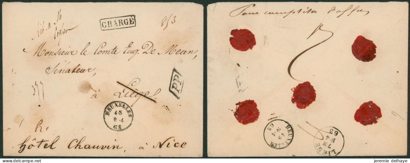 Enveloppe Chargé En PP De Bruxelles (1863) > M. Le Comte De Mean à Liège Suivi Hotel Chauvin à Nice (France) - Rural Post