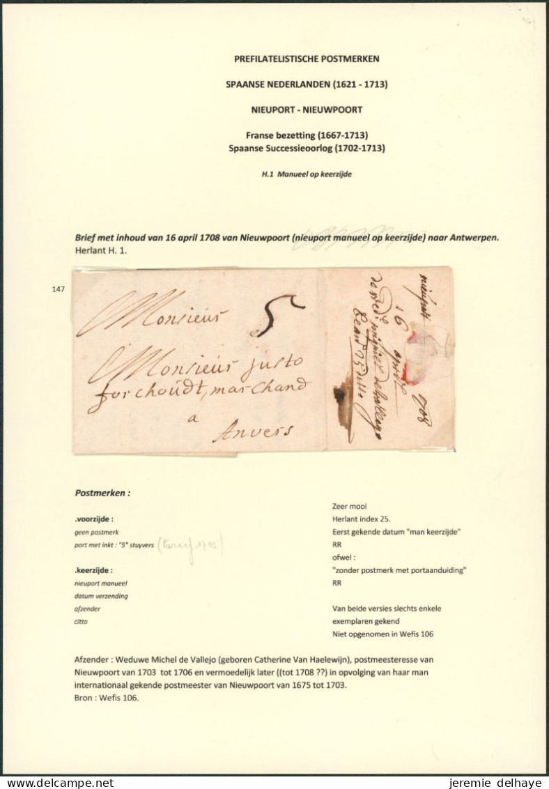 Précurseur - LAC Datée De Nieuwpoort (1708, Facteur, 1er Date Connue Manuel, Citto), Port "5" > Anvers - 1621-1713 (Spanische Niederlande)