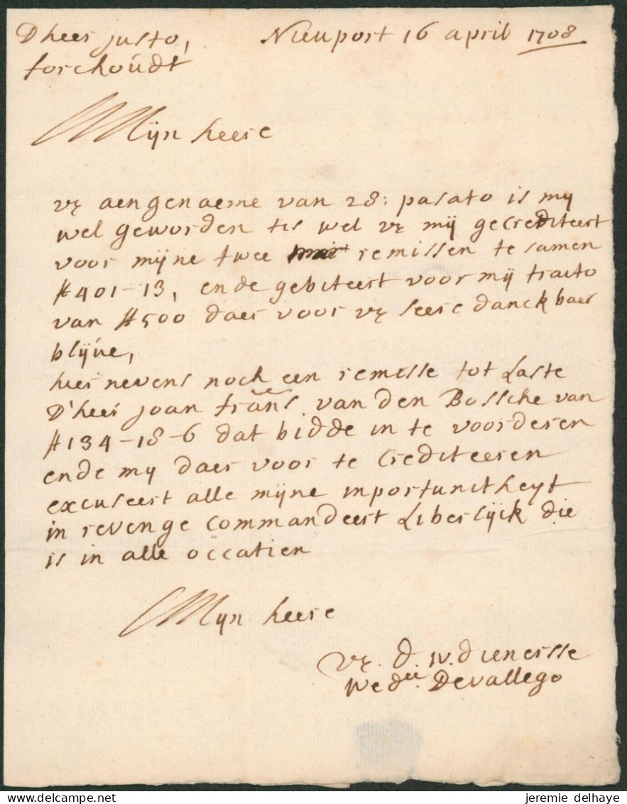 Précurseur - LAC Datée De Nieuwpoort (1708, Facteur, 1er Date Connue Manuel, Citto), Port "5" > Anvers - 1621-1713 (Spanische Niederlande)