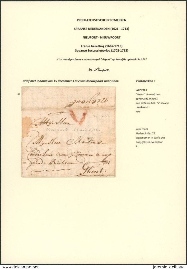 Précurseur - LAC Datée De Nieuwpoort (1712) + Manuscrit "Nieport" & Port V à La Craie (patar) > Ghendt / Messager - 1621-1713 (Pays-Bas Espagnols)