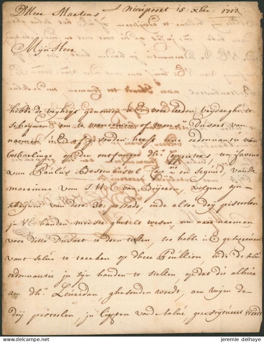 Précurseur - LAC Datée De Nieuwpoort (1712) + Manuscrit "Nieport" & Port V à La Craie (patar) > Ghendt / Messager - 1621-1713 (Spanische Niederlande)