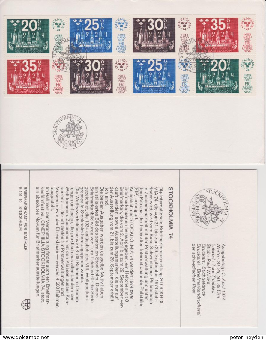 1974 Sweden Sverige Schweden UPU Stockholmia FDC Booklet Pane / Heftchenblatt + Folder - Storia Postale