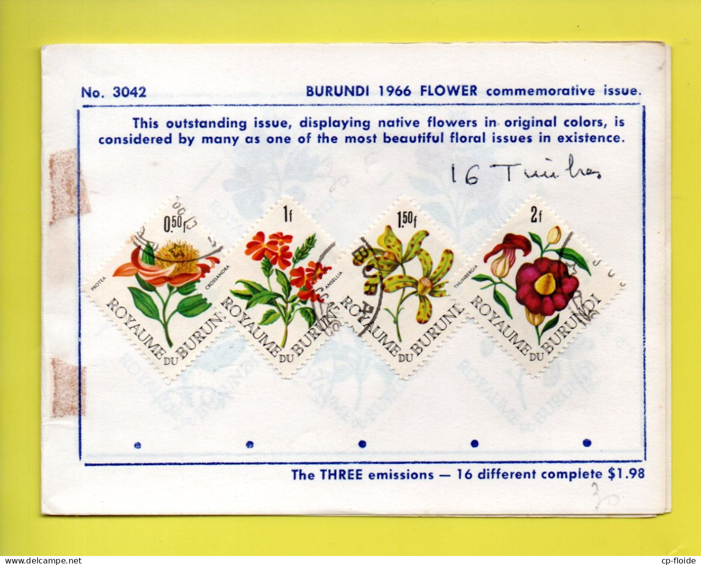 16 TIMBRES. BURUNDI . FLEURS . PROTEA, CROSSANDRA, ANSELLIA, THUNBERGIA, SCHIZOLOSSUM, DISSOTIS, GAZANIA - Réf. N°876T - - Usati